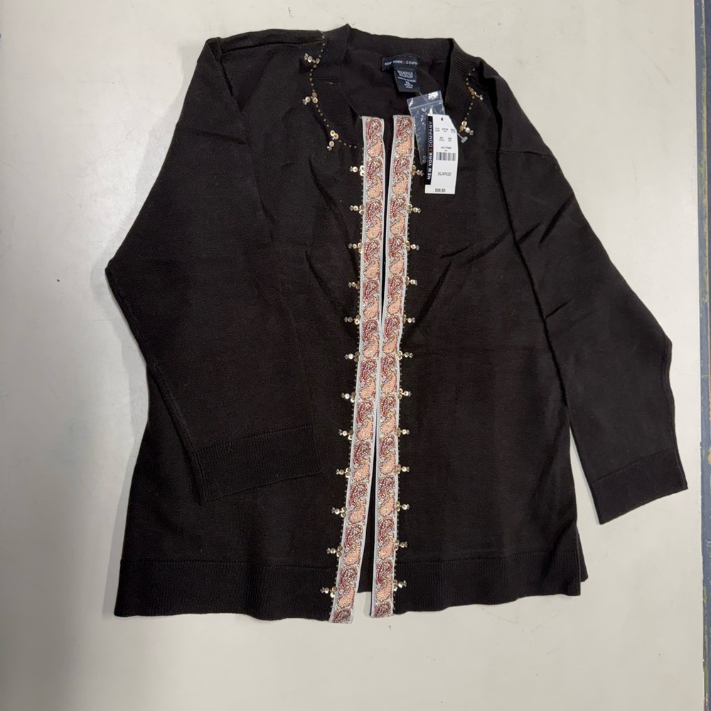 NWT NY&Co Brown Cardigan with Beaded Paisley Trim